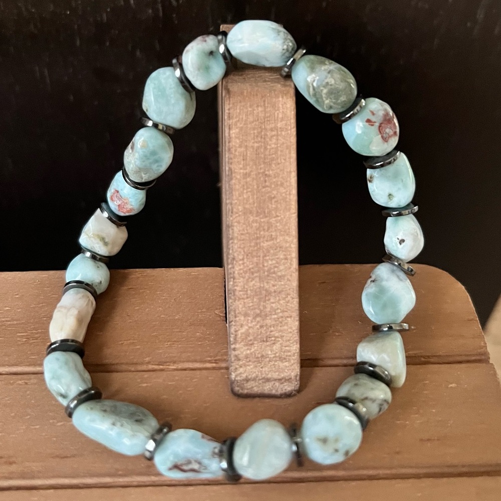 Larimar Genuine Natural Stone Crystal Stretch Beaded Bracelet #7